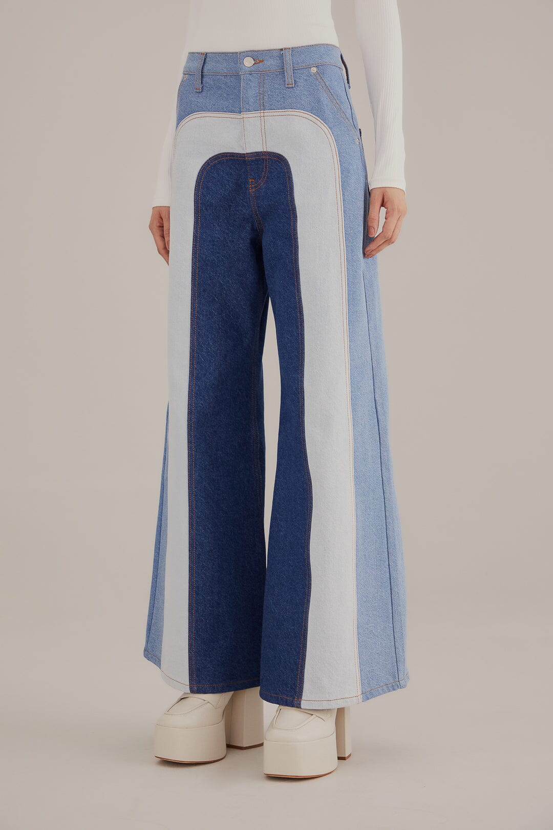 Pantalon large en denim patchwork - Bleu