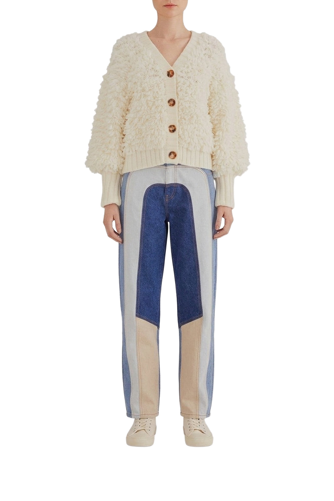 Cardigan à col V texturé en laine mélangée - Blanc