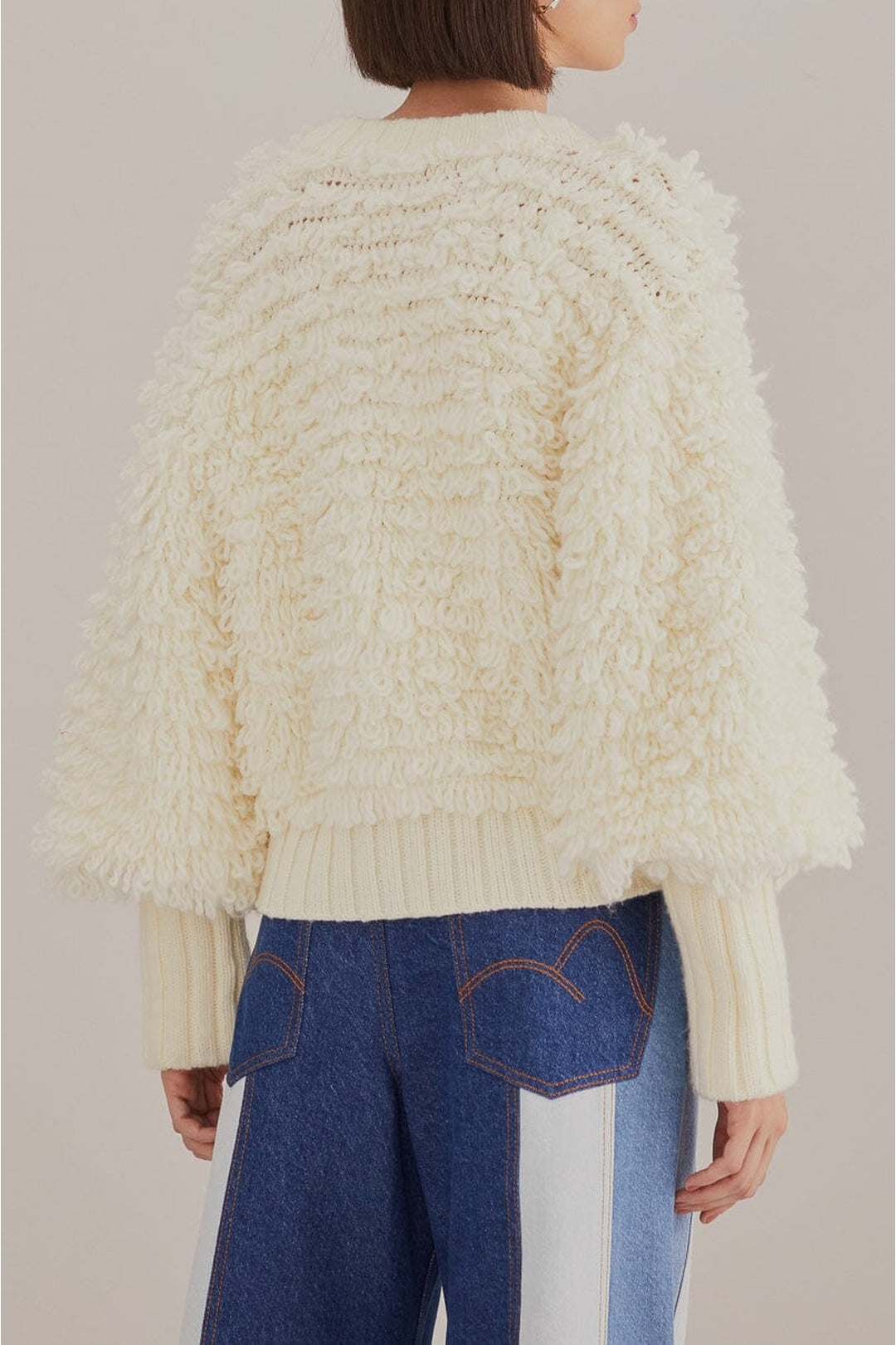 Cardigan à col V texturé en laine mélangée - Blanc