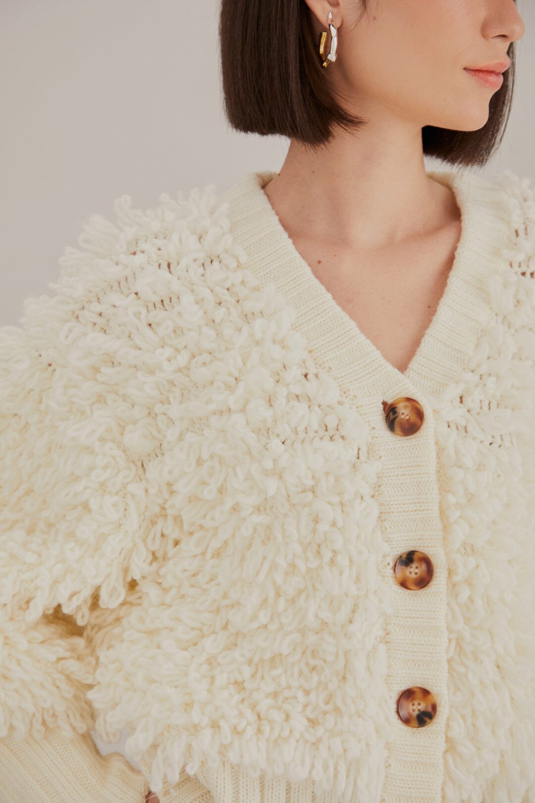 Cardigan à col V texturé en laine mélangée - Blanc