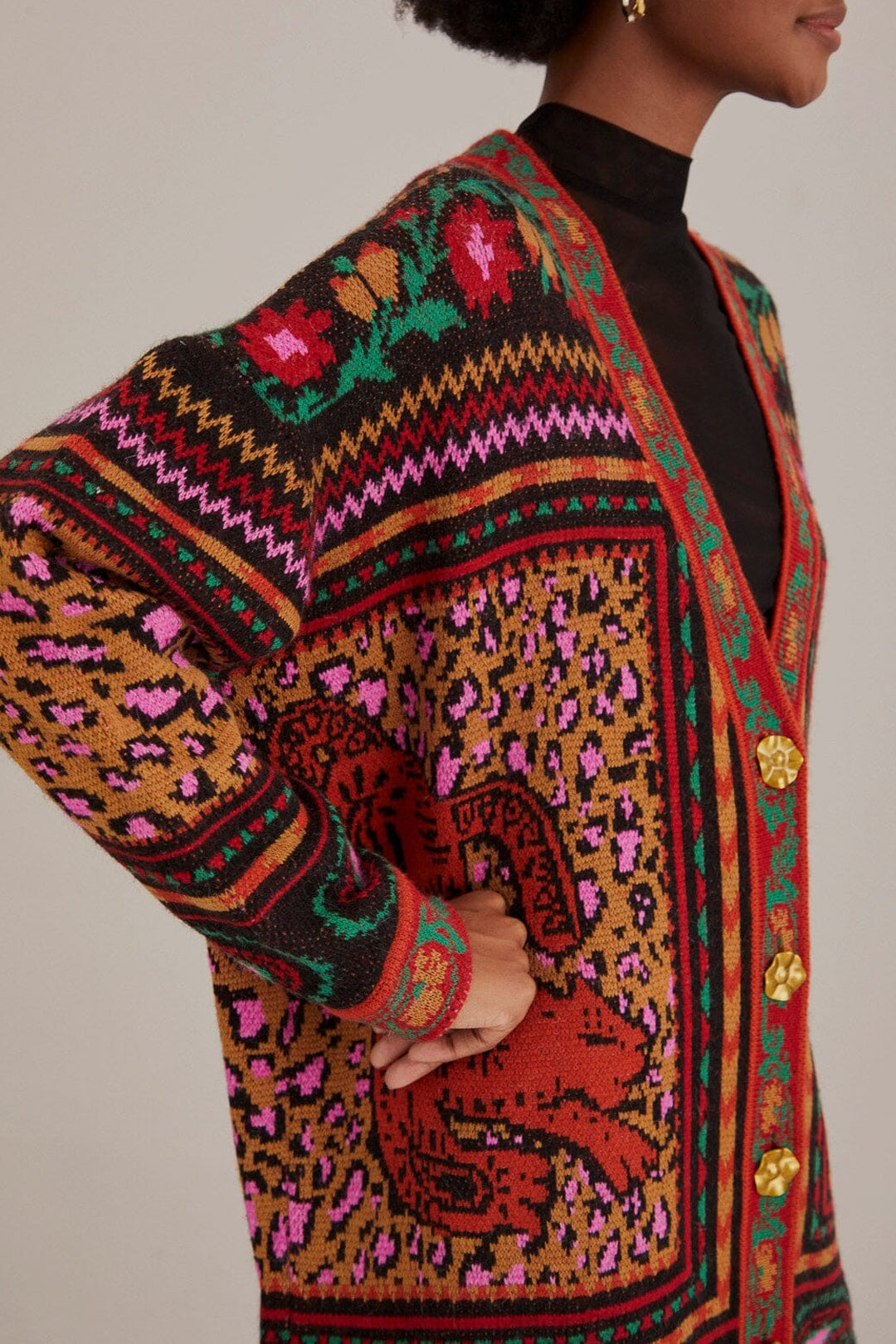 Cardigan en maille à imprimés - Marron