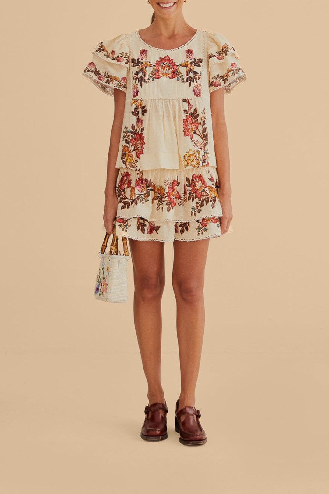 Jupe courte à fleurs Léopard en coton - Beige