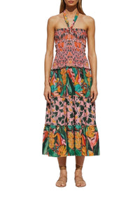 Robe midi à bretelles à motif de feuilles en lin - Multicolore