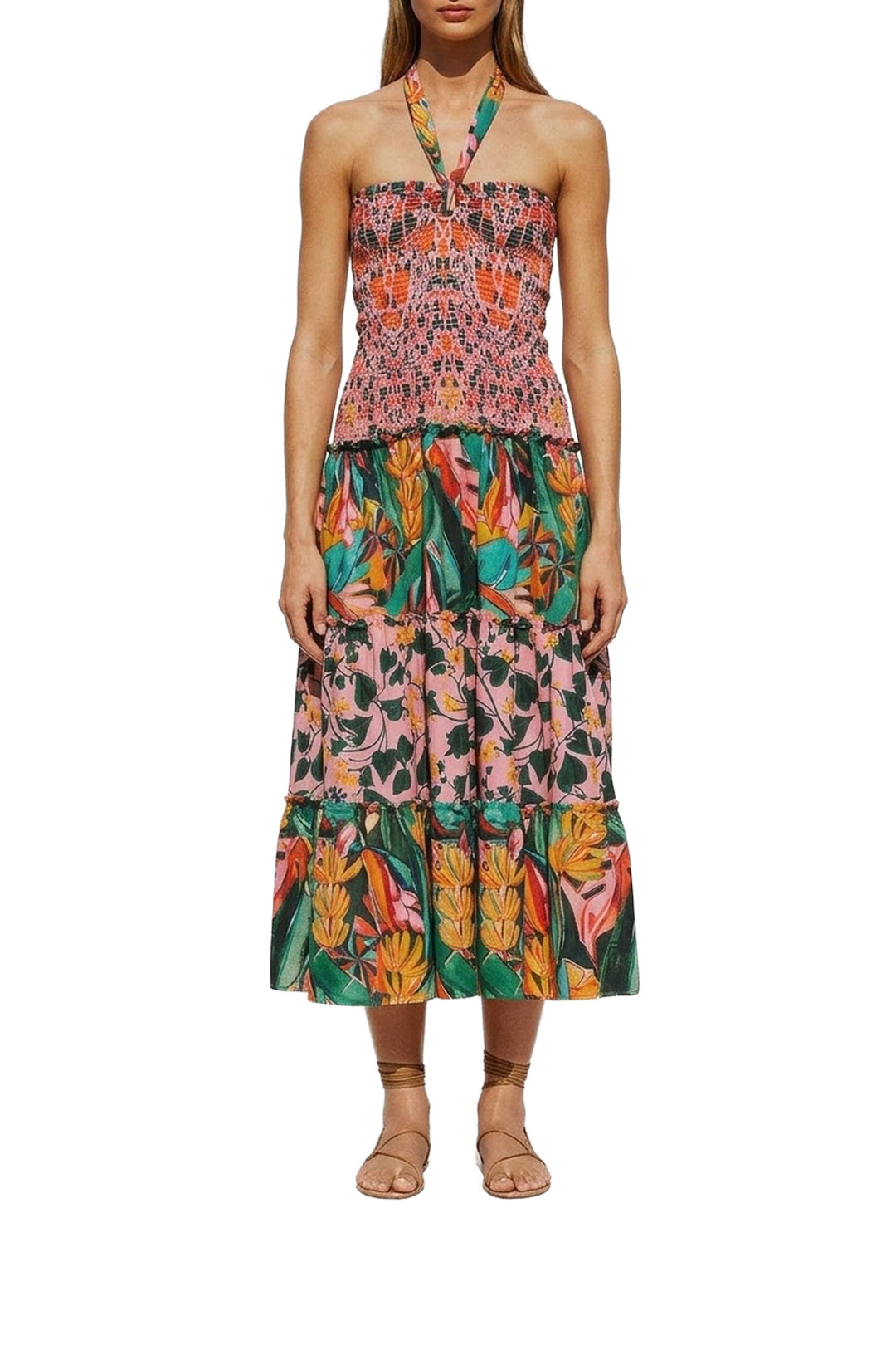 Robe midi à bretelles à motif de feuilles en lin - Multicolore