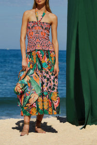 Robe midi à bretelles à motif de feuilles en lin - Multicolore