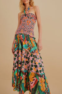 Robe midi à bretelles à motif de feuilles en lin - Multicolore