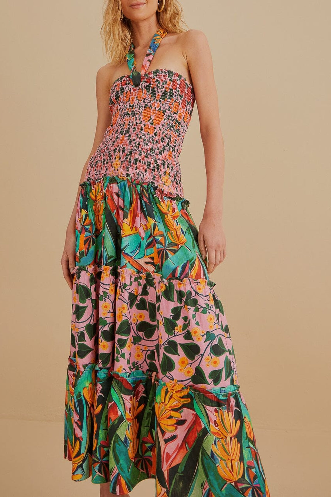 Robe midi à bretelles à motif de feuilles en lin - Multicolore