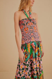 Robe midi à bretelles à motif de feuilles en lin - Multicolore