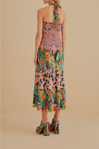 Robe midi à bretelles à motif de feuilles en lin - Multicolore