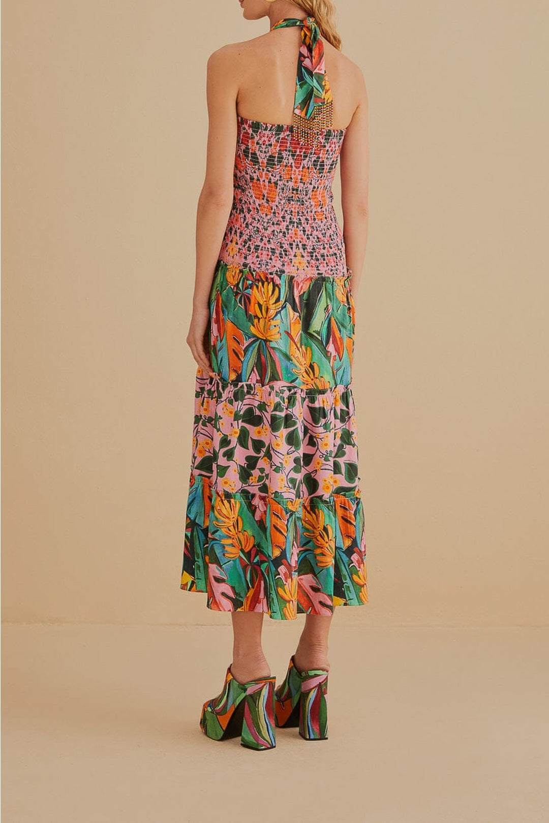 Robe midi à bretelles à motif de feuilles en lin - Multicolore