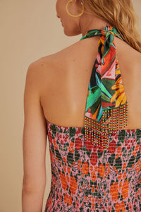 Robe midi à bretelles à motif de feuilles en lin - Multicolore