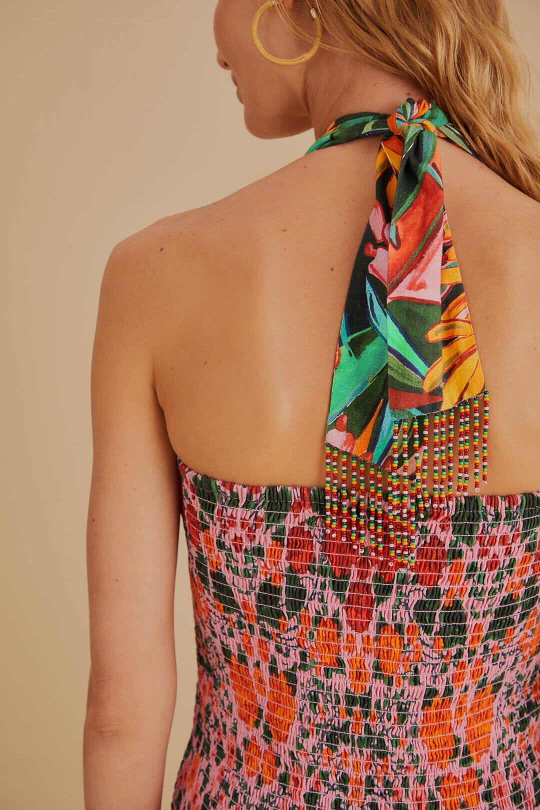 Robe midi à bretelles à motif de feuilles en lin - Multicolore