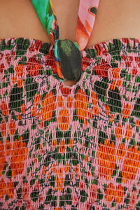 Robe midi à bretelles à motif de feuilles en lin - Multicolore