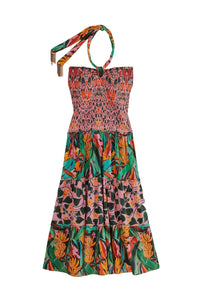 Robe midi à bretelles à motif de feuilles en lin - Multicolore