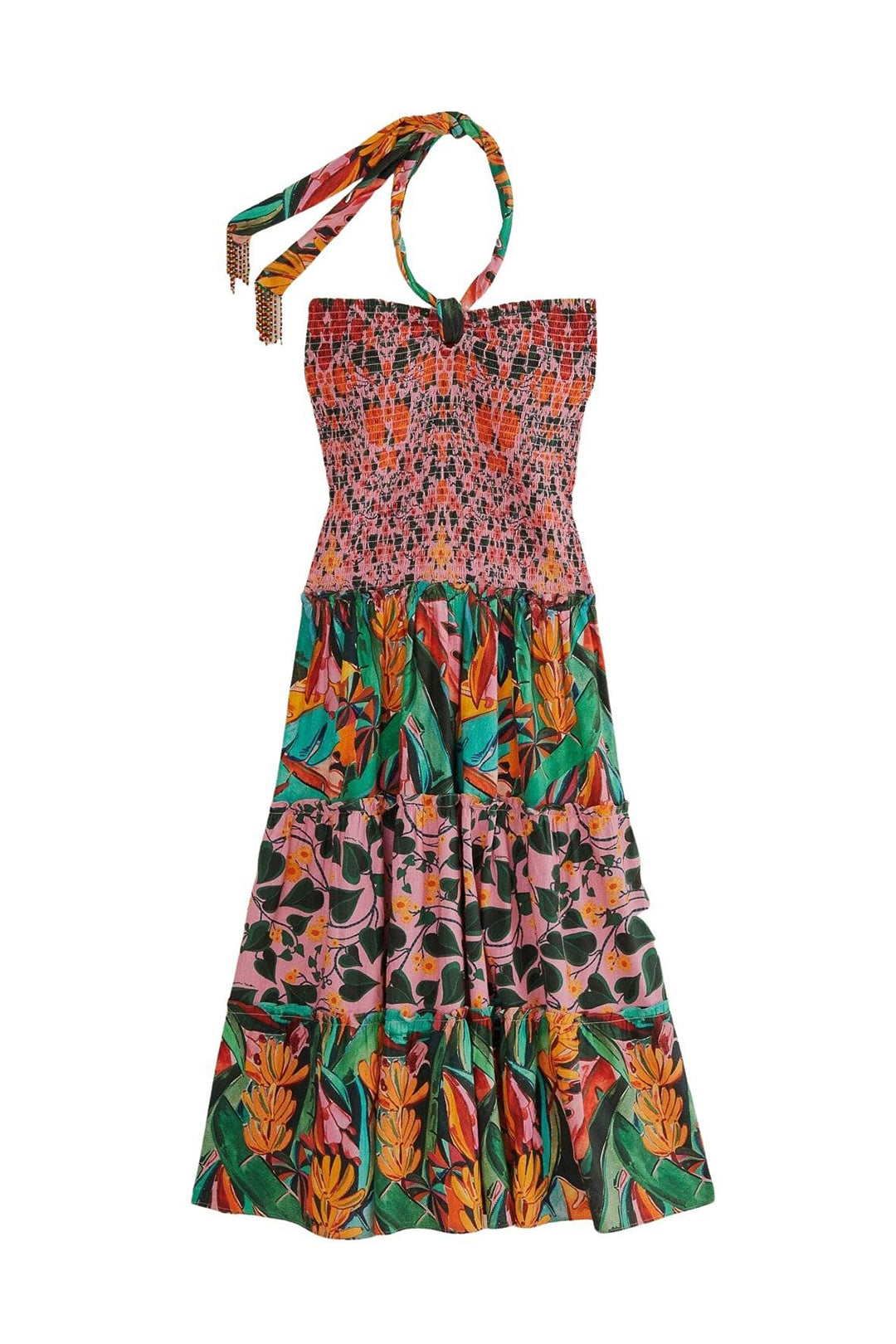 Robe midi à bretelles à motif de feuilles en lin - Multicolore