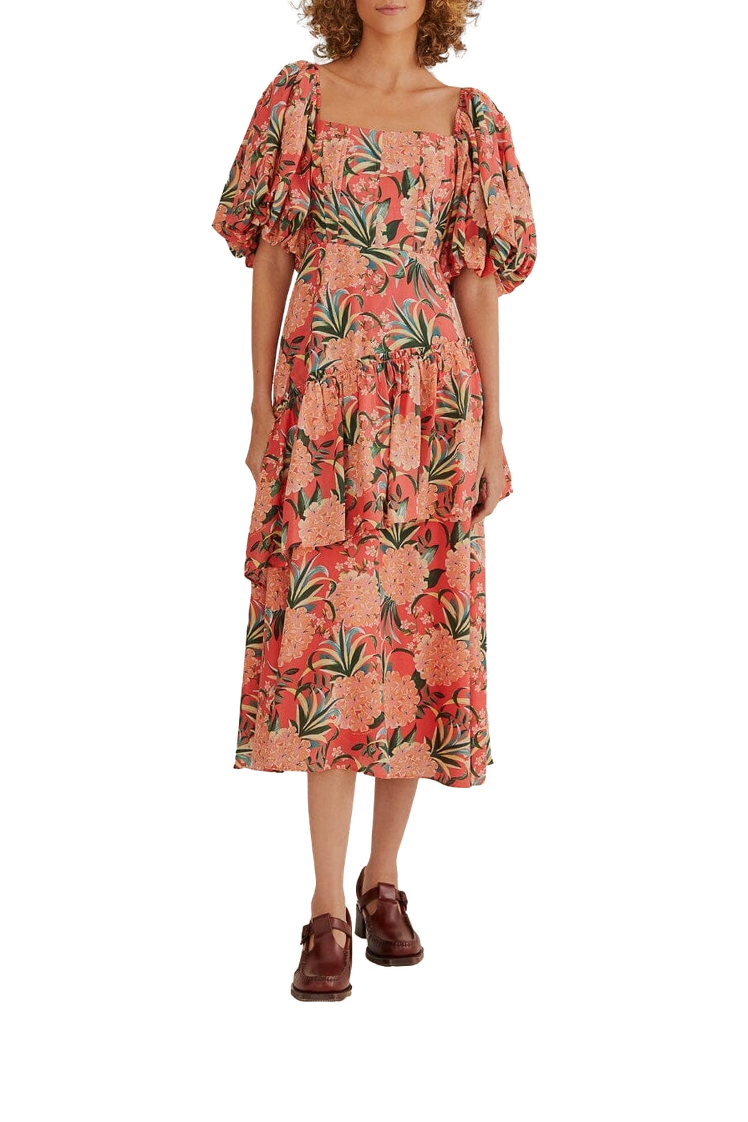 Robe midi à manches bouffantes - Rouge