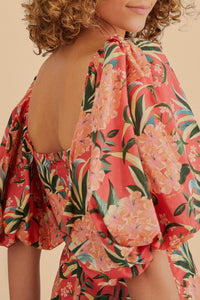 Robe midi à manches bouffantes - Rouge