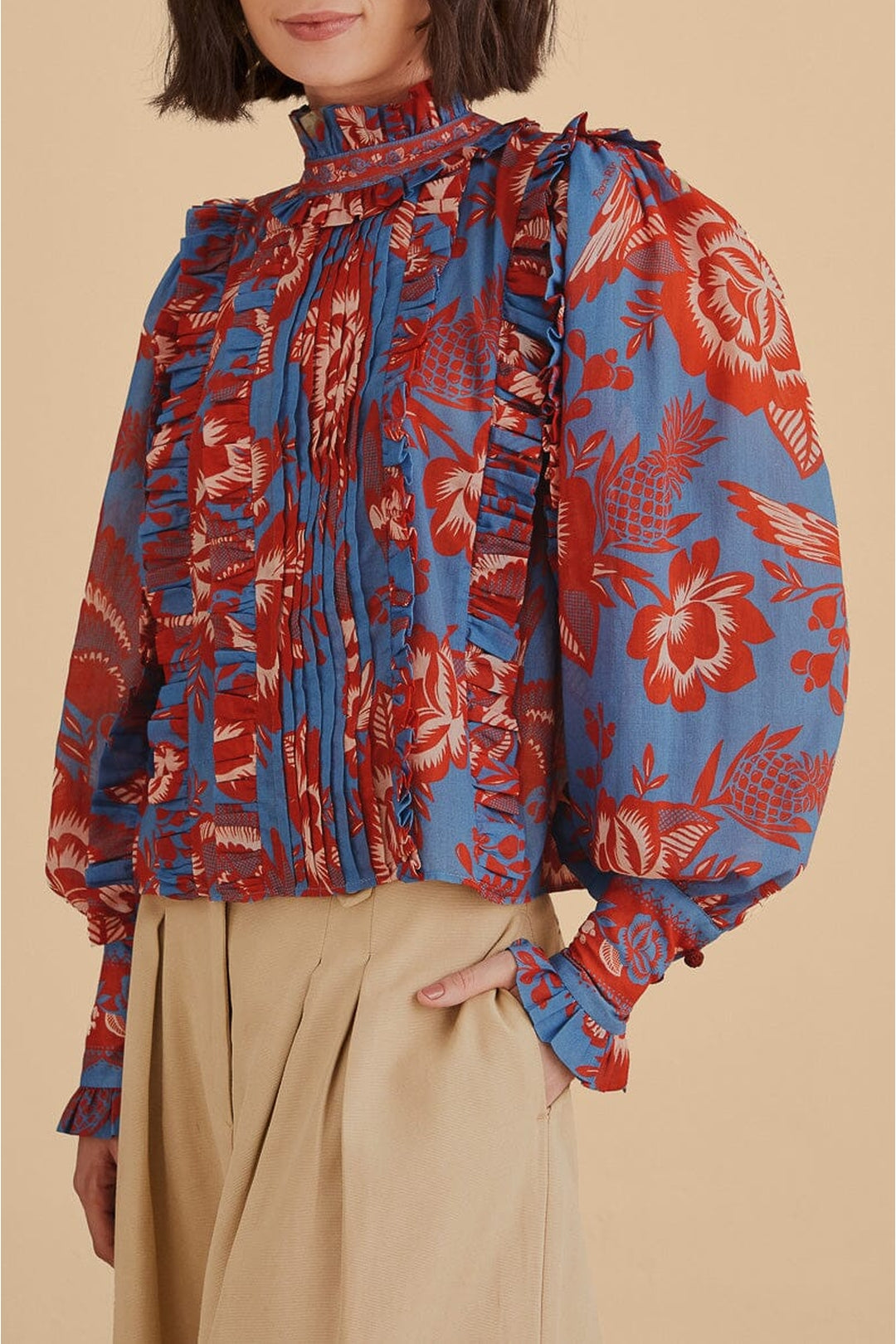 Garden long-sleeved cotton ruffled blouse - Blue