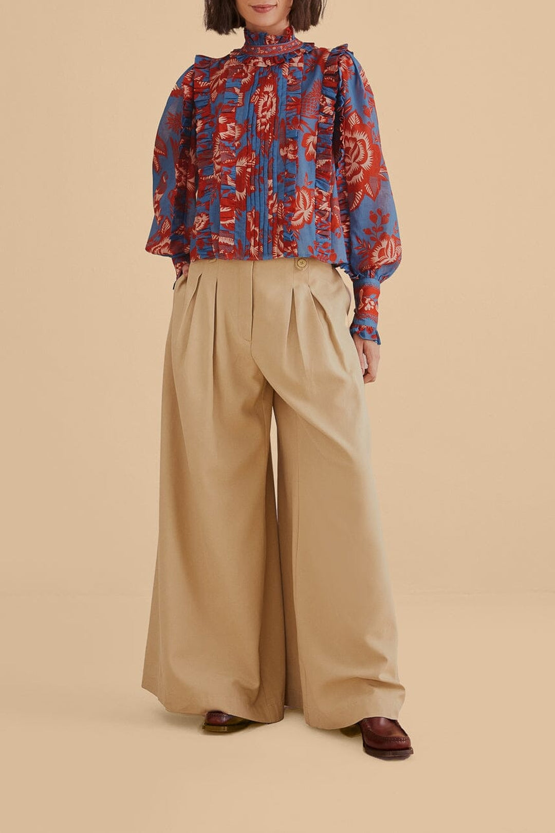 Garden long-sleeved cotton ruffled blouse - Blue