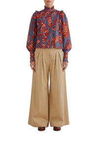 Garden long-sleeved cotton ruffled blouse - Blue