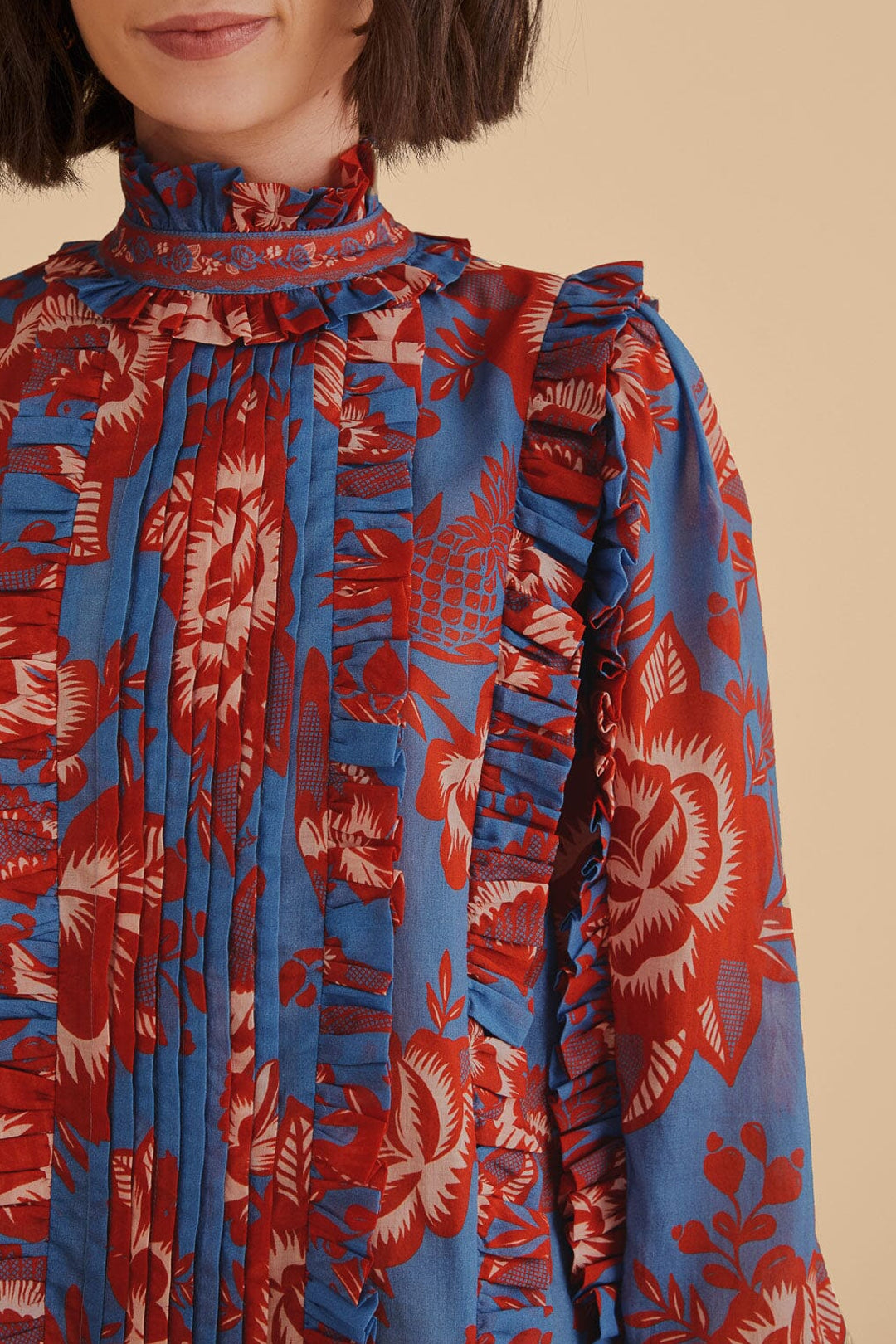 Garden long-sleeved cotton ruffled blouse - Blue