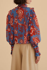 Garden long-sleeved cotton ruffled blouse - Blue