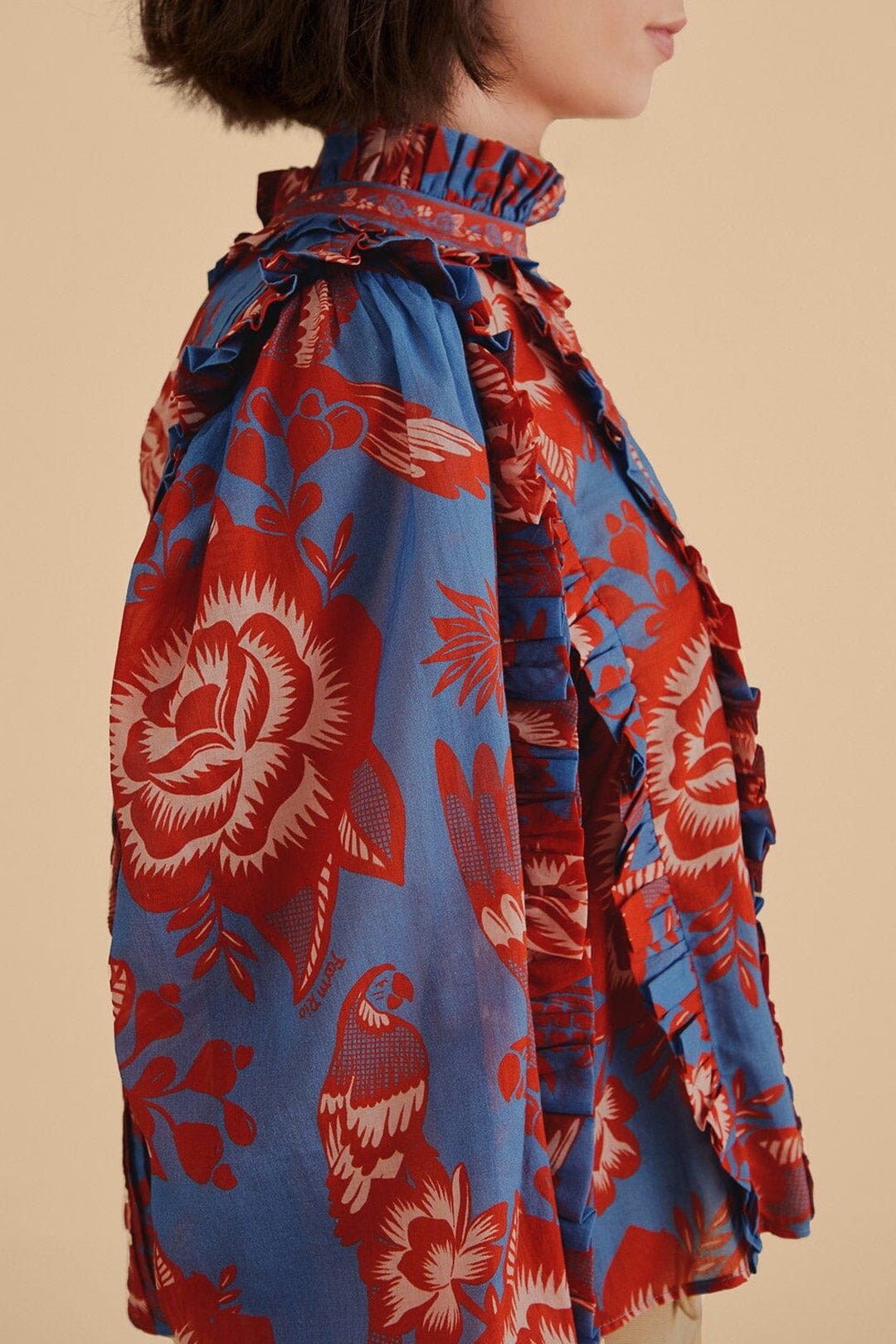 Garden long-sleeved cotton ruffled blouse - Blue