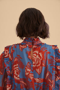 Garden long-sleeved cotton ruffled blouse - Blue