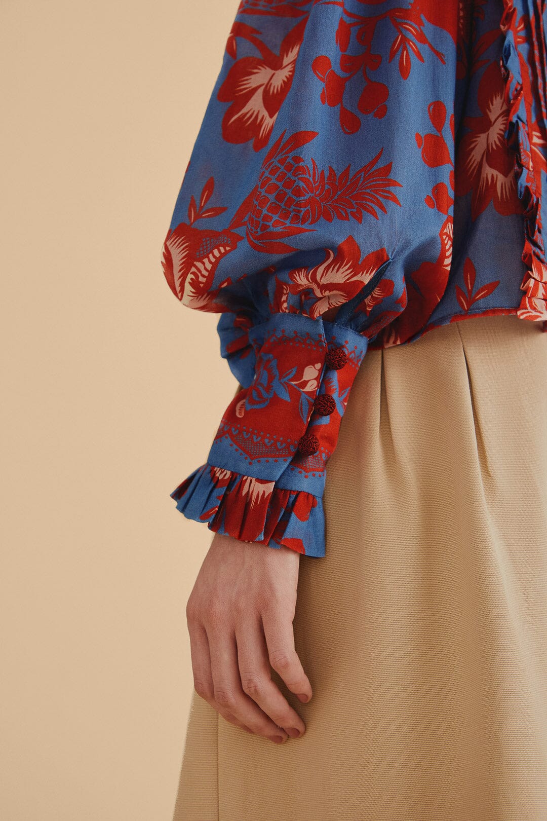 Garden long-sleeved cotton ruffled blouse - Blue