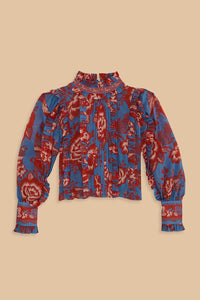 Garden long-sleeved cotton ruffled blouse - Blue