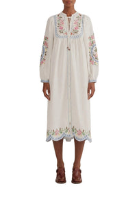 Embroidered linen midi dress - White