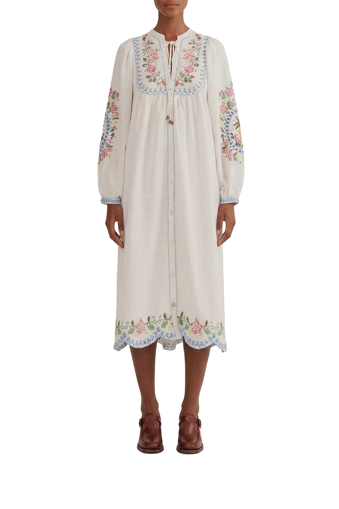 Embroidered linen midi dress - White