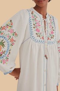 Embroidered linen midi dress - White