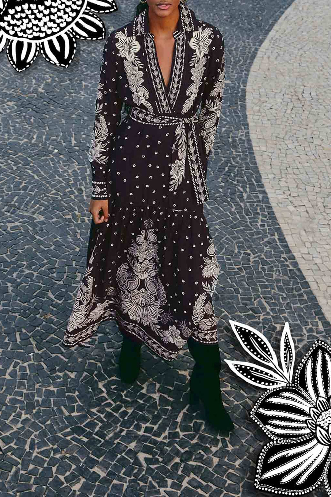 Robe longue à motif cachemire en coton - Noir