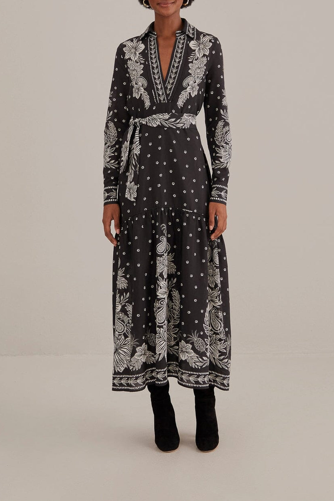 Robe longue à motif cachemire en coton - Noir