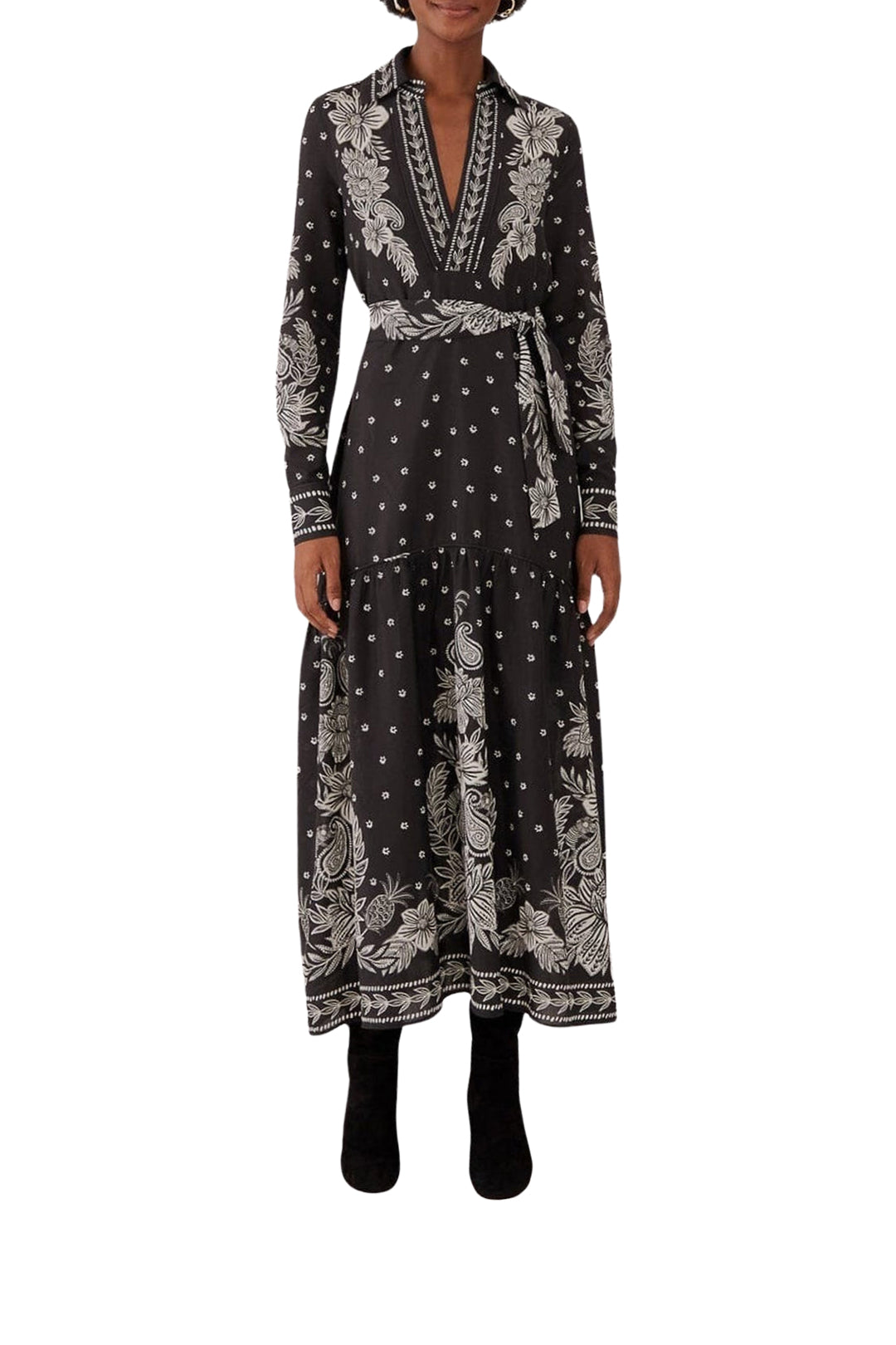 Robe longue à motif cachemire en coton - Noir