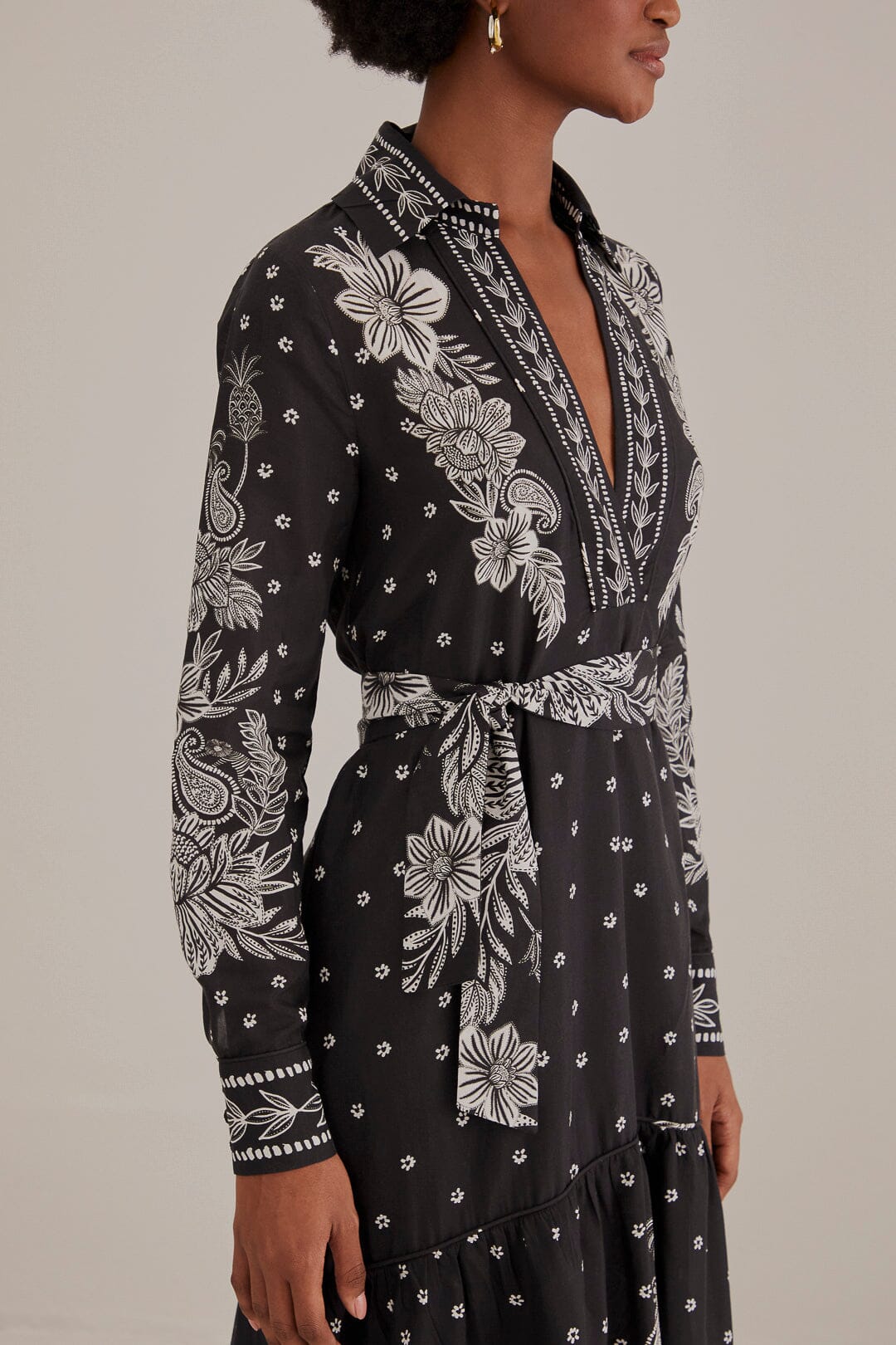 Robe longue à motif cachemire en coton - Noir