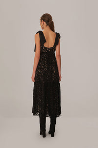 Robe midi à bretelles en dentelle et velours - Noir