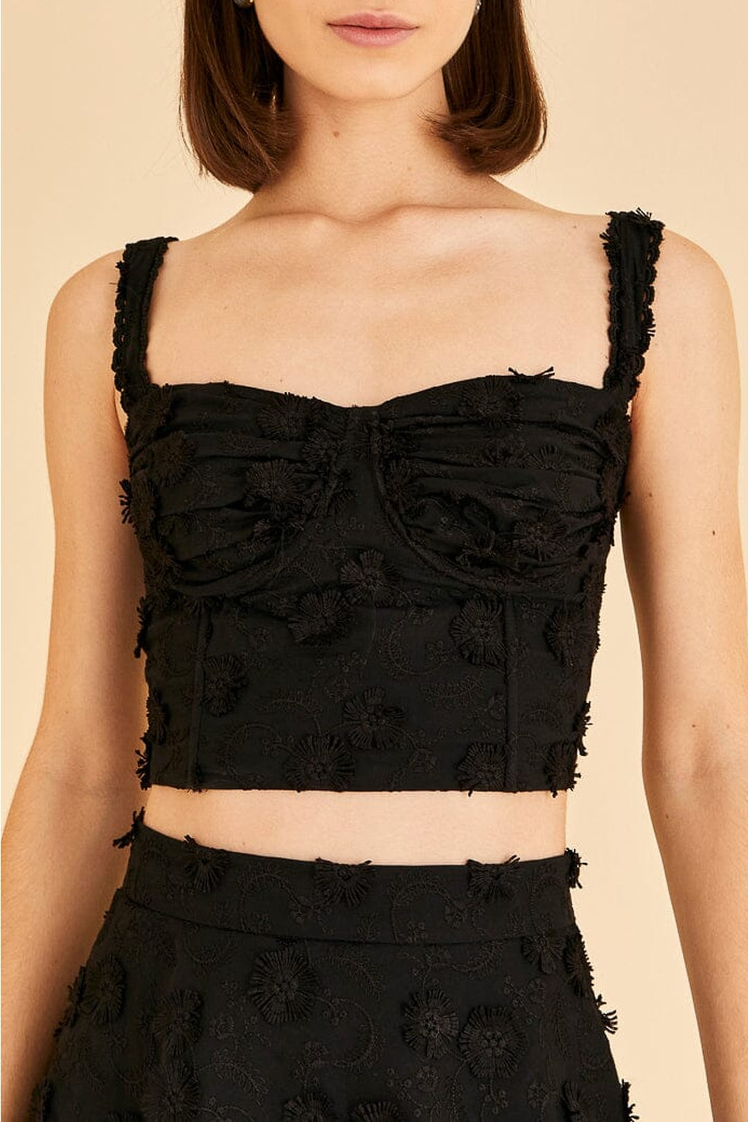 Top court corset à fleurs en coton - Noir