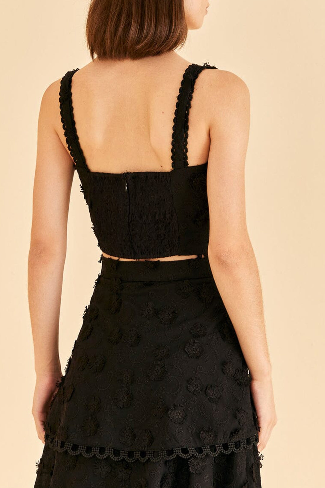 Top court corset à fleurs en coton - Noir