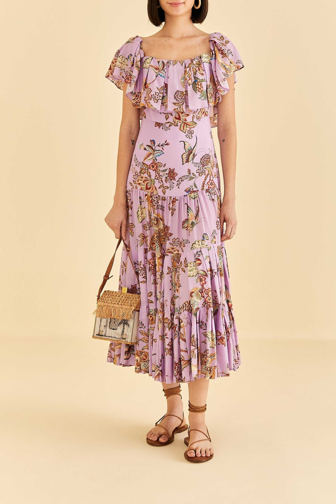 Robe midi Floral Monkey à manches courtes en coton - Rose