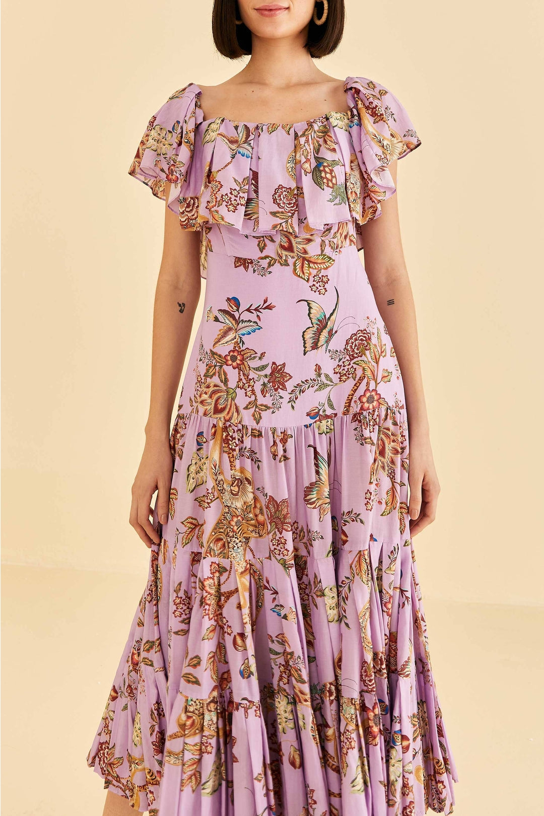 Robe midi Floral Monkey à manches courtes en coton - Rose