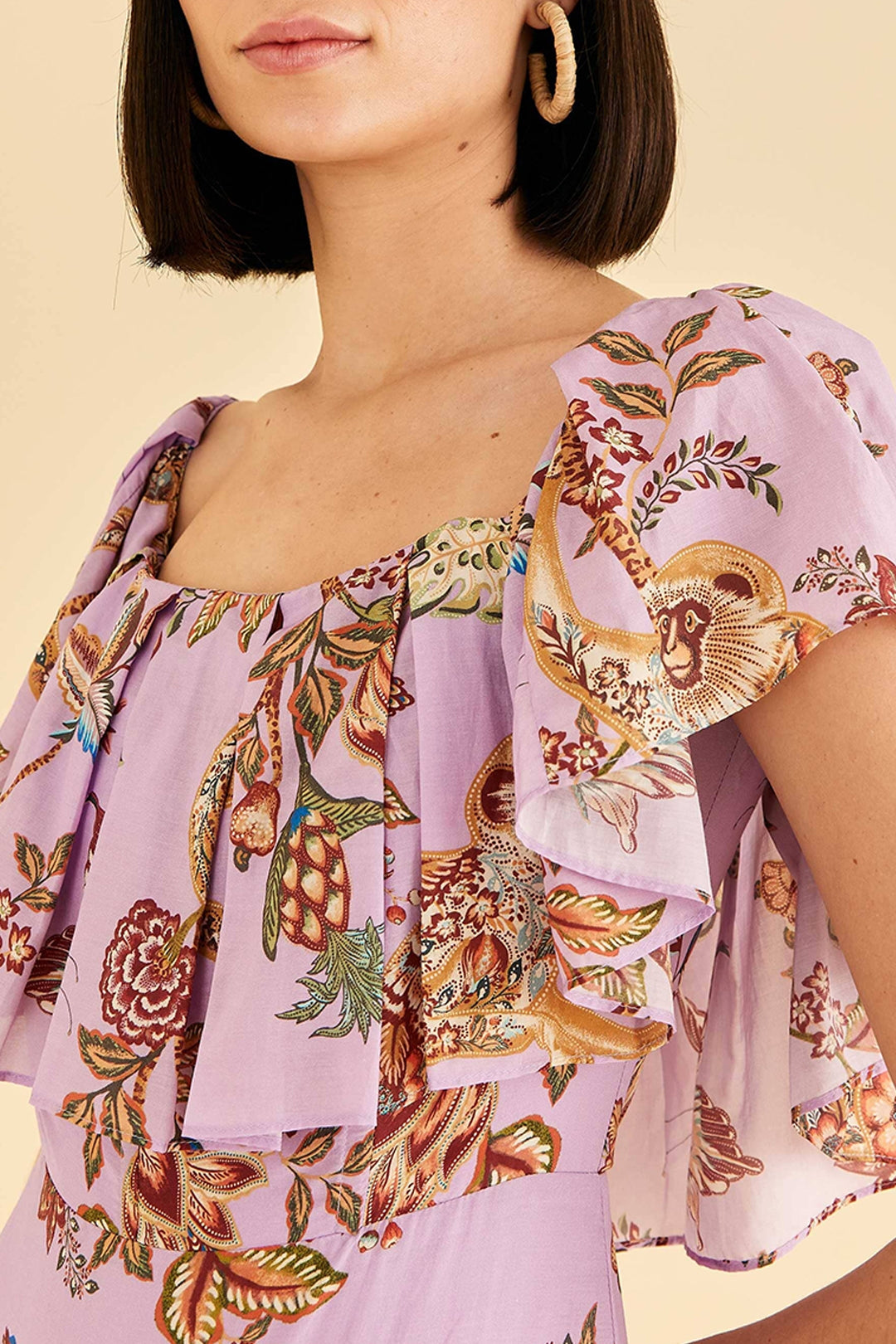 Robe midi Floral Monkey à manches courtes en coton - Rose