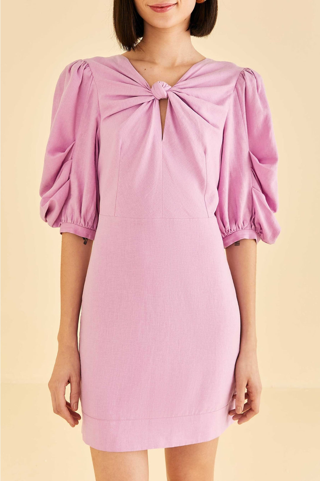 Robe courte à manches courtes en lin - Rose
