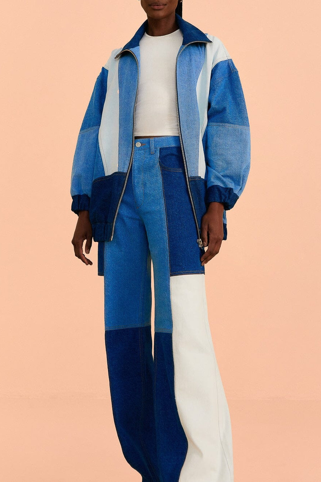 Pantalon large en denim à patch - Bleu