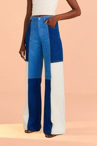 Pantalon large en denim à patch - Bleu