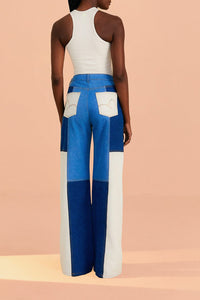 Pantalon large en denim à patch - Bleu