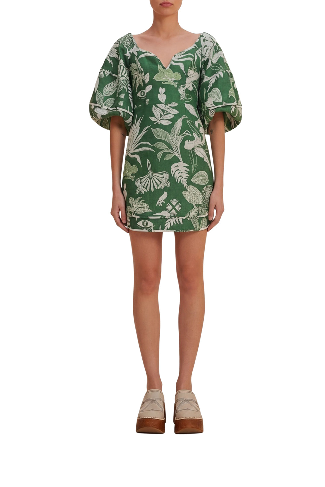 Robe courte Forêt Soul à manches courtes en lin - Vert