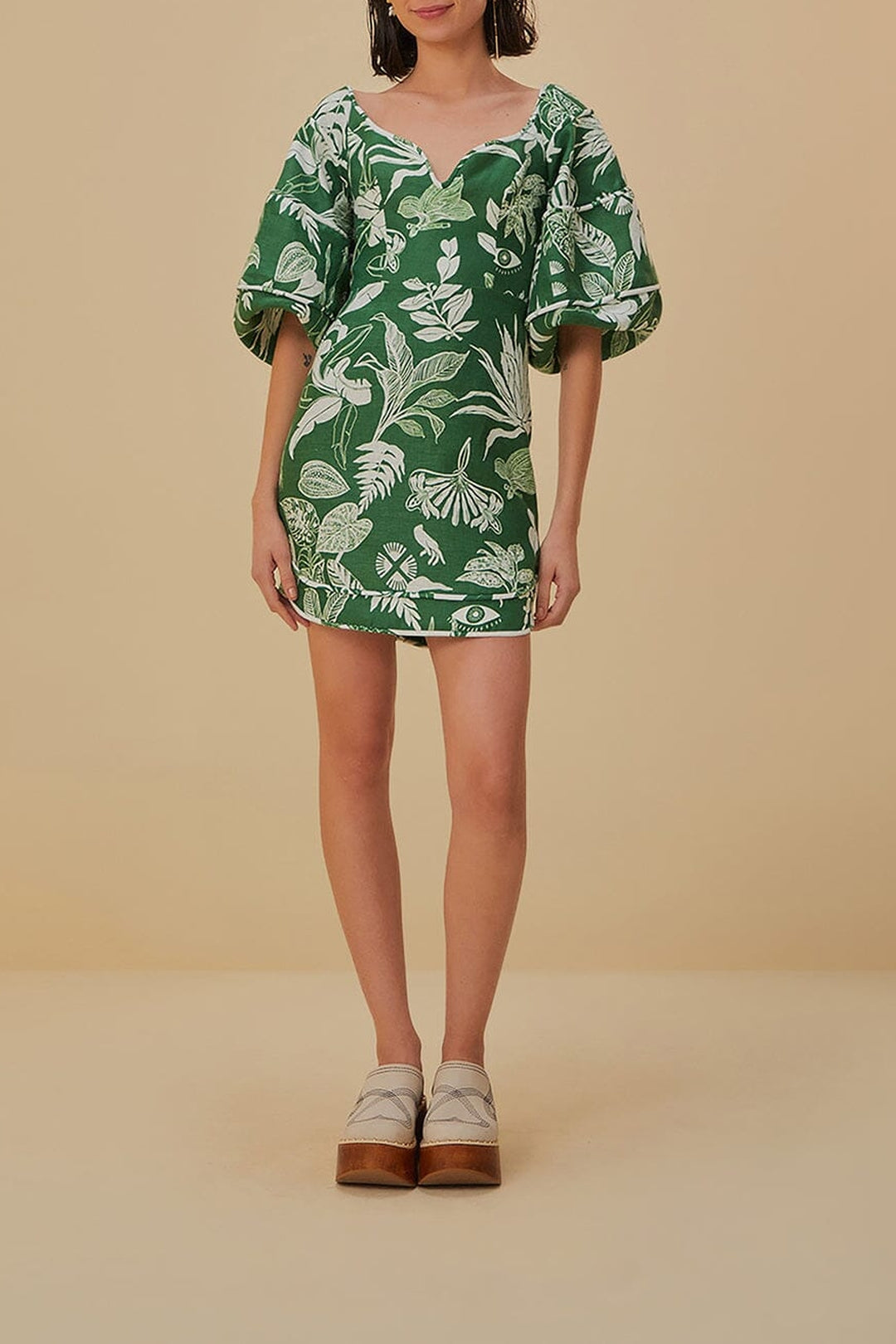 Robe courte Forêt Soul à manches courtes en lin - Vert