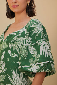 Robe courte Forêt Soul à manches courtes en lin - Vert